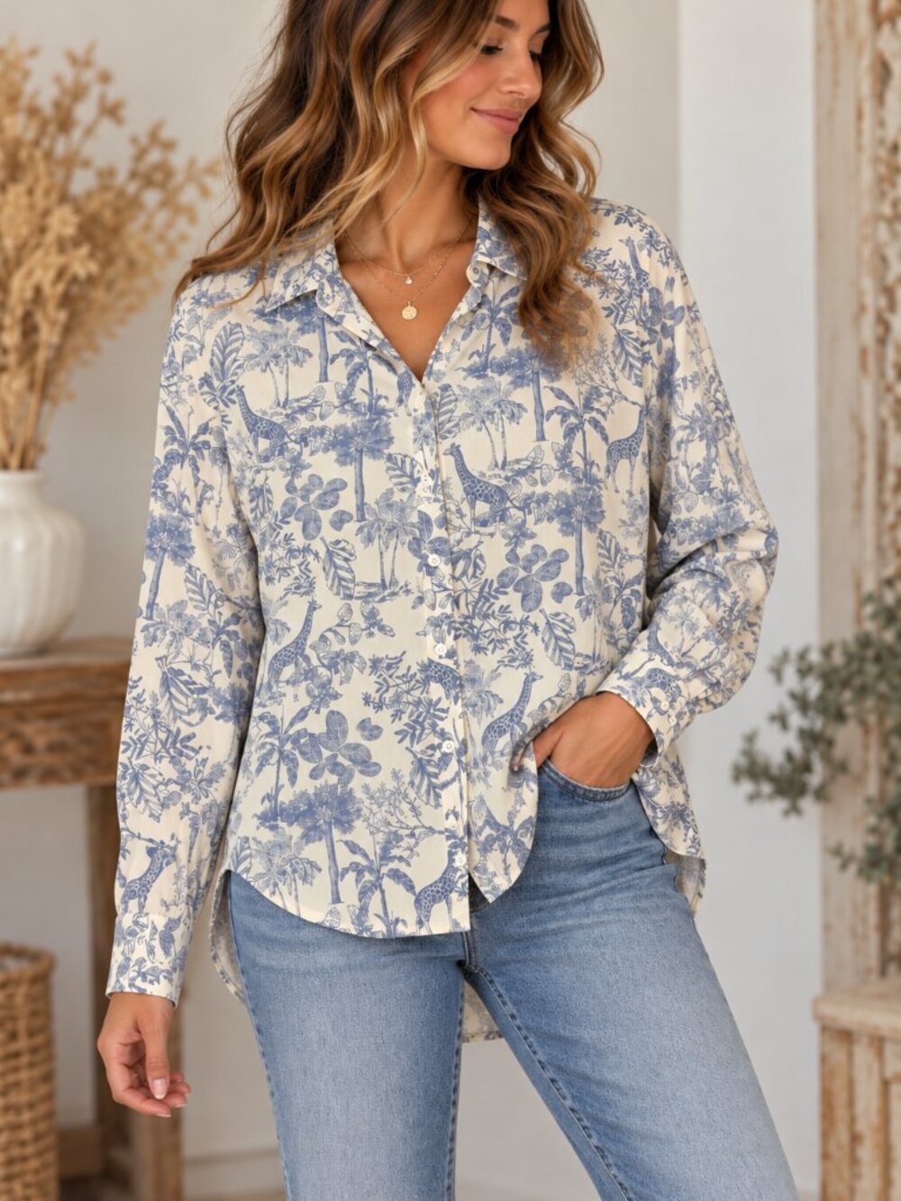 Jane and Delancey Size L Button Down Front Blouse Top Safari Print White Blue